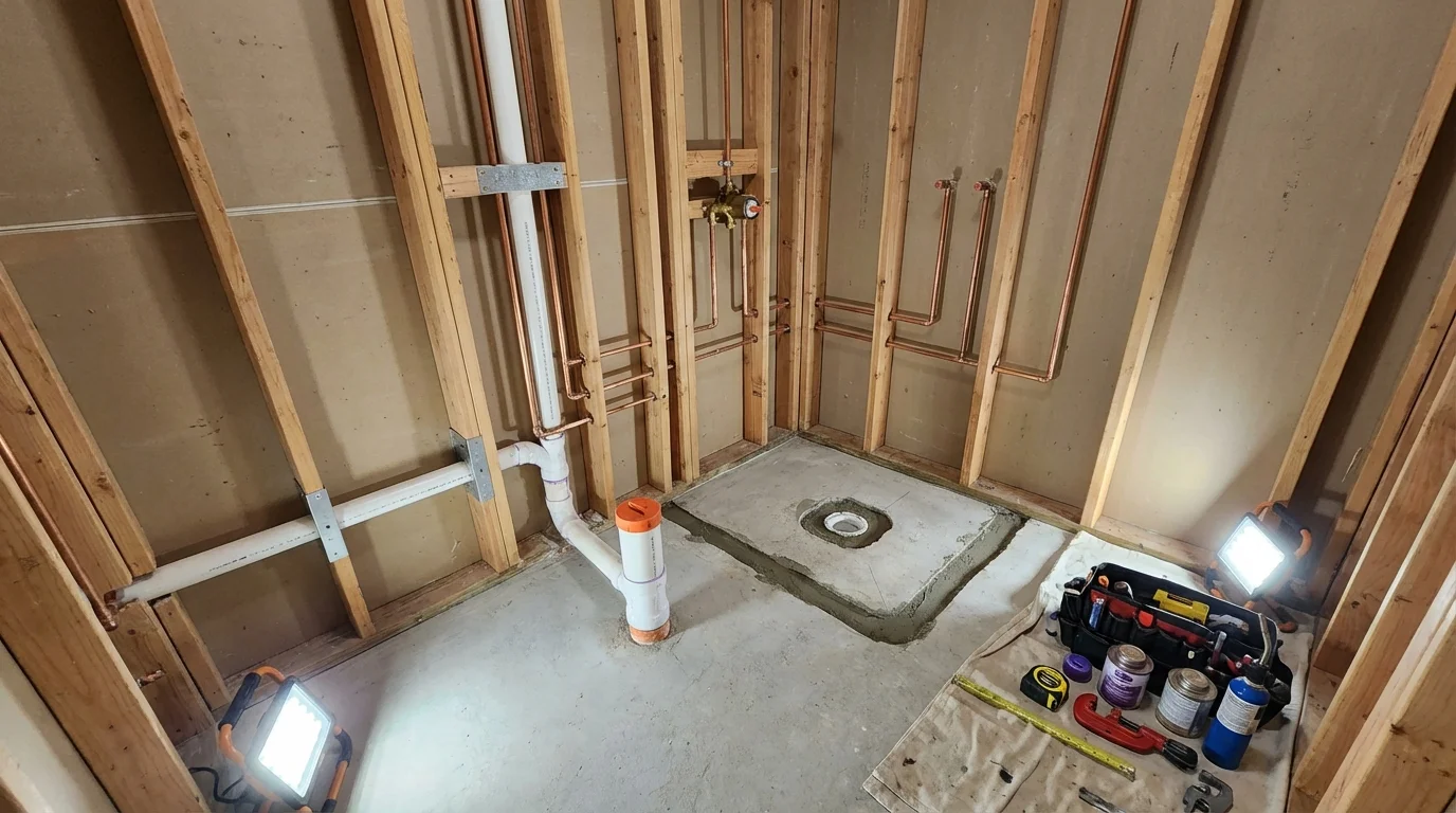 Bathroom rough-in plumbing during remodel by Johns Plumbing LLC in Seguin