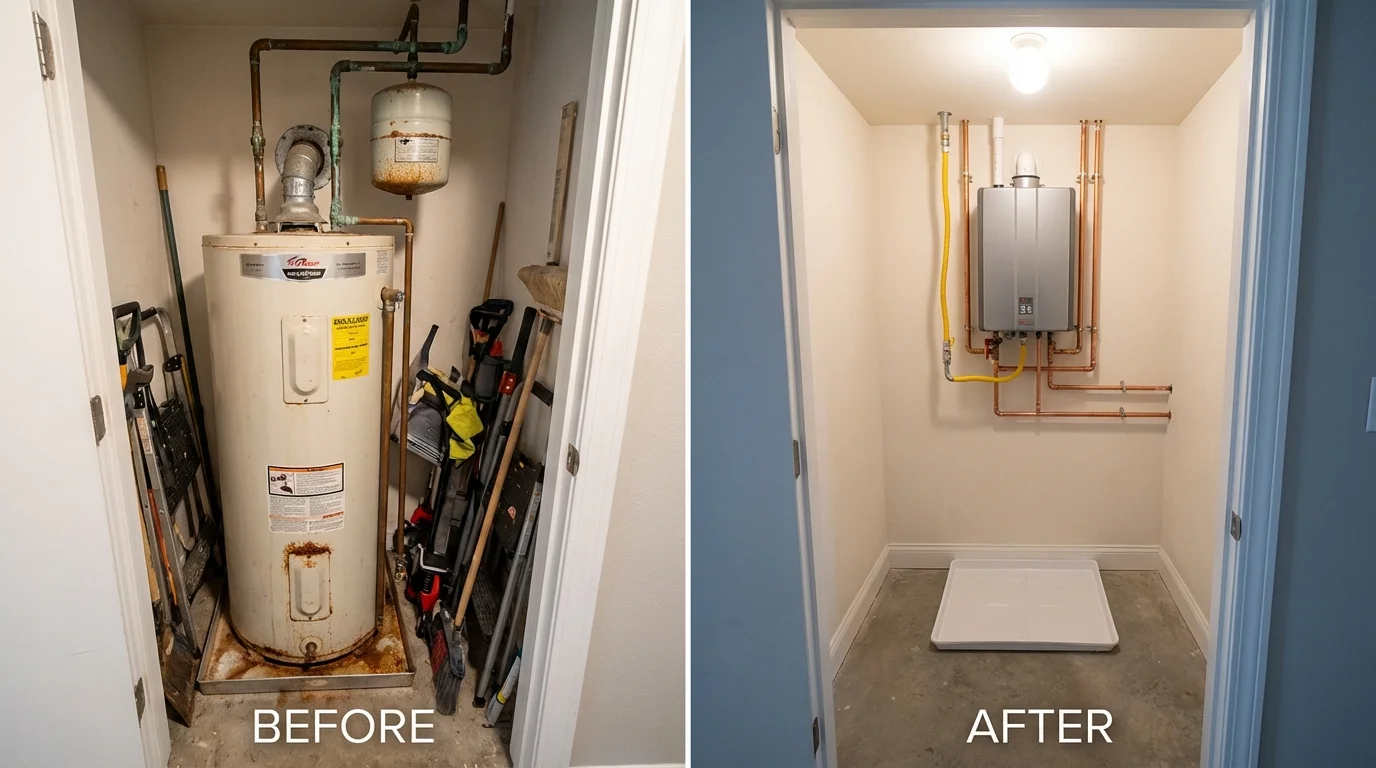 Tank water heater versus wall-mounted tankless unit comparison for Seguin, TX homeowners