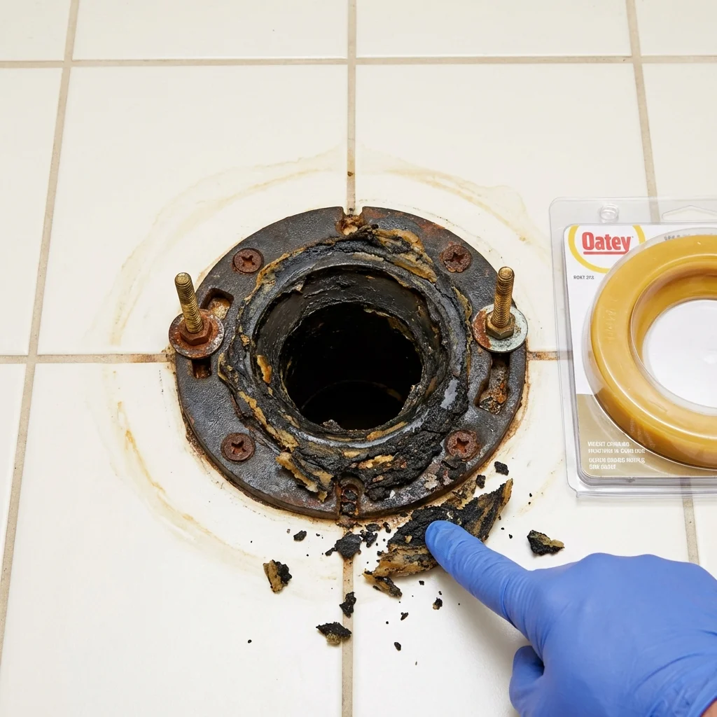 Failed wax ring showing water seepage at the base of a toilet in a Seguin, TX home