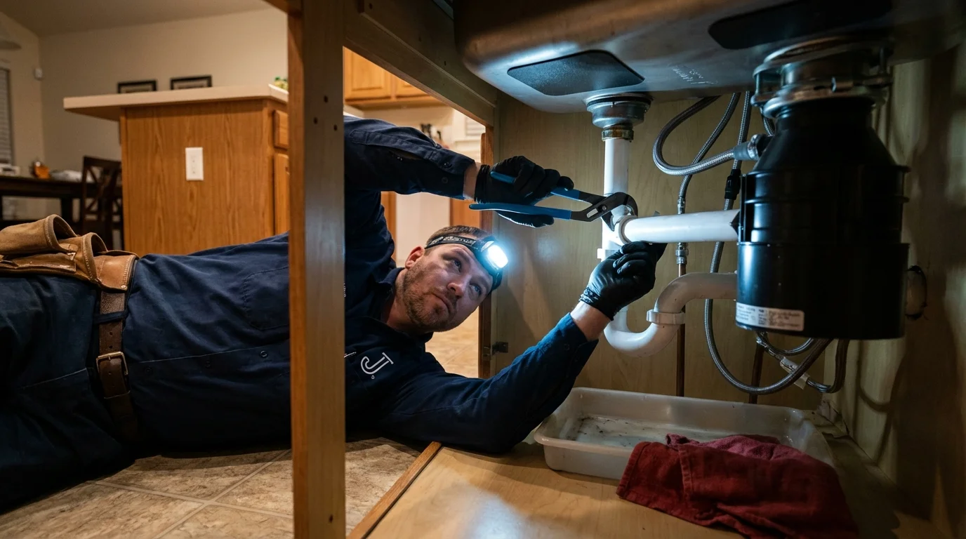P-trap and supply line connections under a kitchen sink showing a common leak point in Seguin, TX